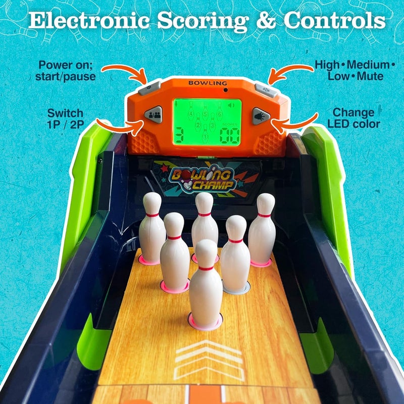 OLEOCA Bowling Game — Electronic Tabletop Arcade Game with LCD Auto Scoring, Lights & Sound, Spring-Loaded Launcher & 1-2 Player Modes — Mini Bowling Set for Kids - Image 4